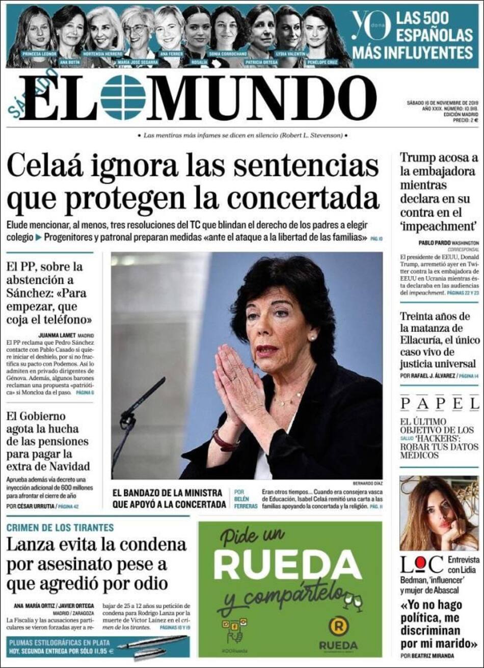 Tapas de diarios, El Mundo, sábado 16 de noviembre de 2019