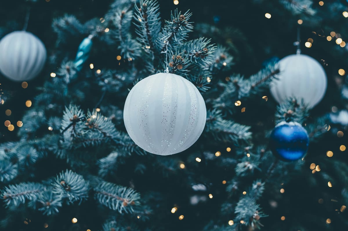 Bola blanca cuelga de un árbol navideño.
