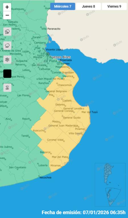 Las localidades bonaerenses afectadas por la alerta amarilla por vientos.