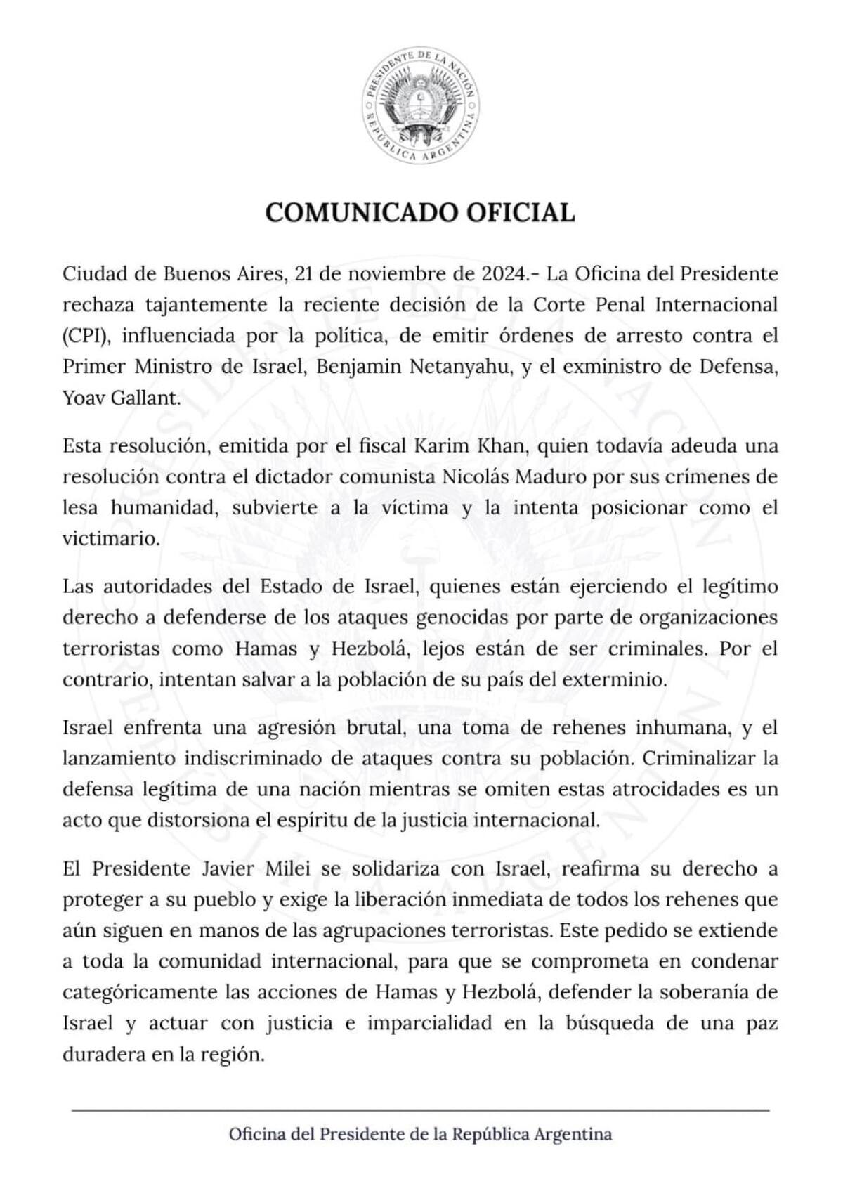 El Gobierno argentino rechazó la orden de arresto de la Corte Penal Internacional contra Benjamin Netanyahu