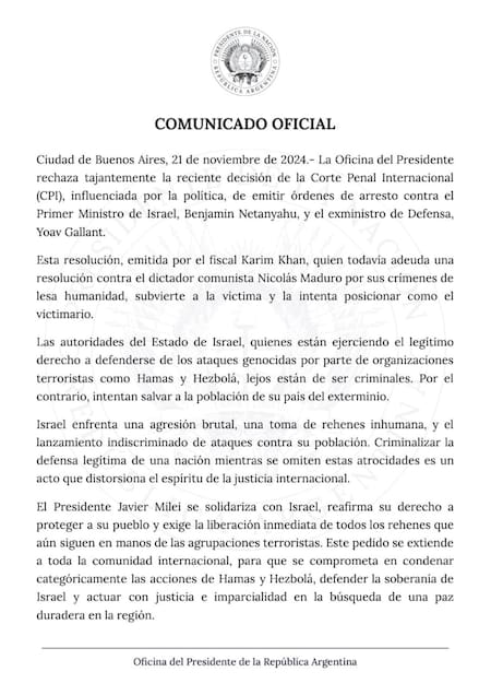 El Gobierno argentino rechazó la orden de arresto de la Corte Penal Internacional contra Benjamin Netanyahu