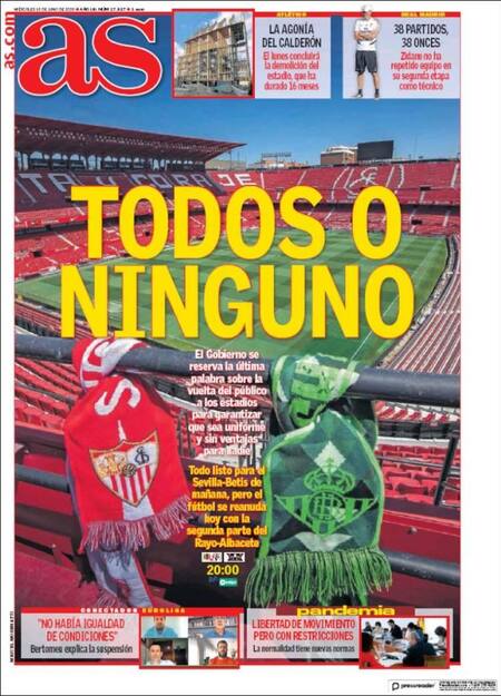 Tapas de diarios, AS, miércoles 10 de junio de 2020