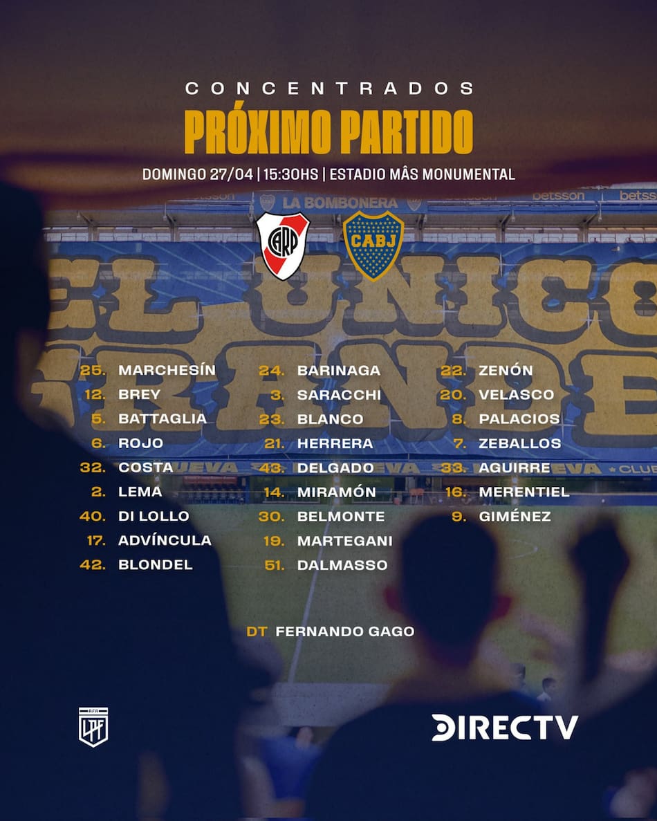 Convocados de Boca Juniors para el Superclásico. Foto: X BocaJrsOficial.