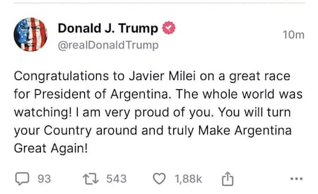 Donald Trump celebró el triunfo de Javier Milei. Foto: Truth Social.