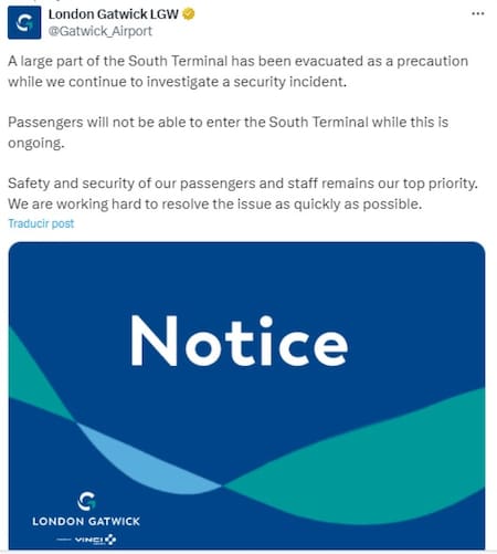 El comunicado del Aeropuerto de Gatwick en Londres. Foto: Captura.