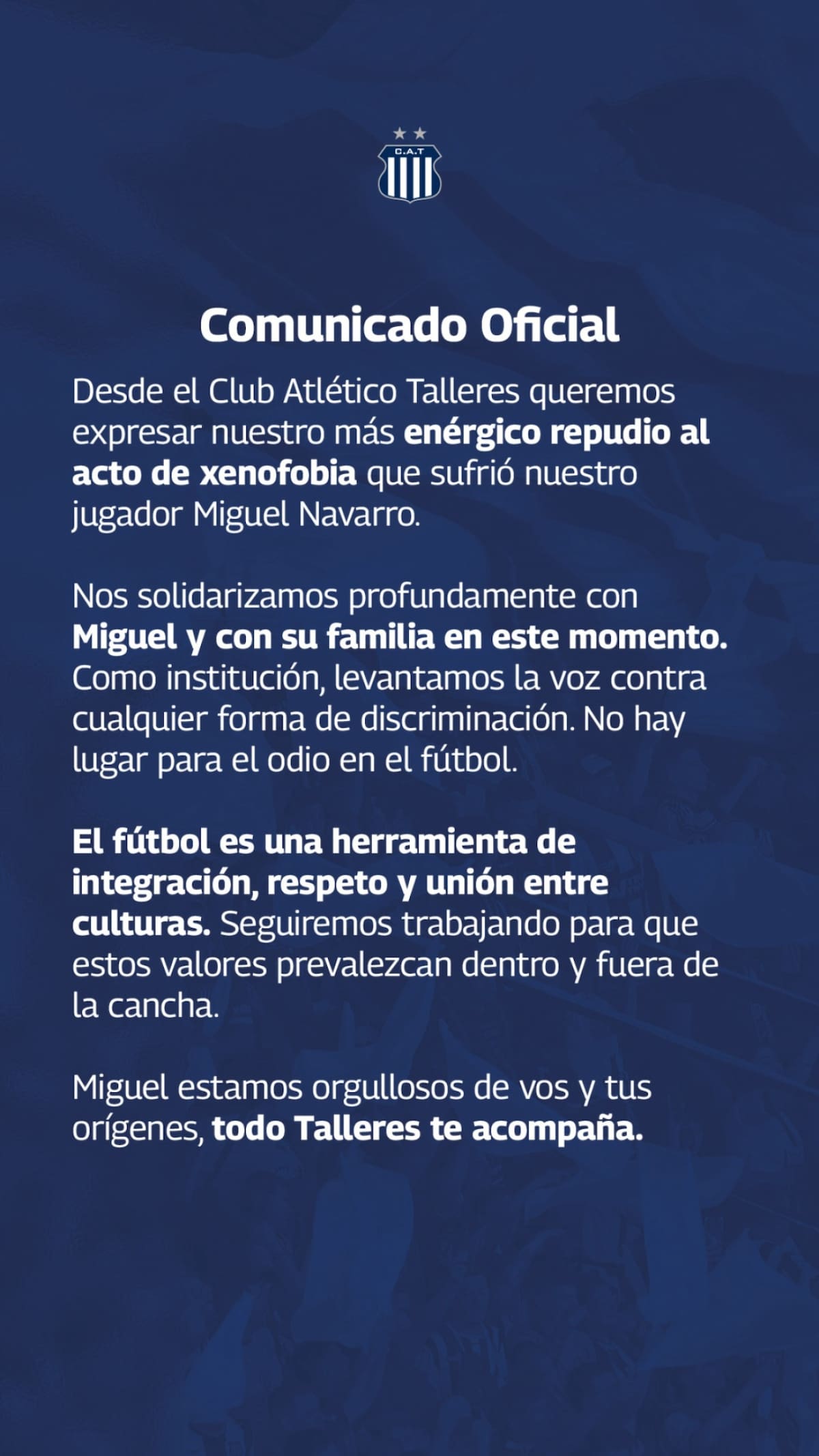 El comunicado de Talleres contra la discriminación. Foto: Instagram.