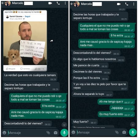 La conversación donde le informaron que ya no vaya más a trabajar. Foto: Twitter/soyjuanitaok
