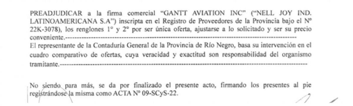 El acta de preadjudicación del avión comprado por Río Negro