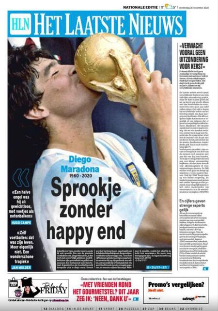 Muerte de Maradona por el diario alemán Het Laatste Nieuws