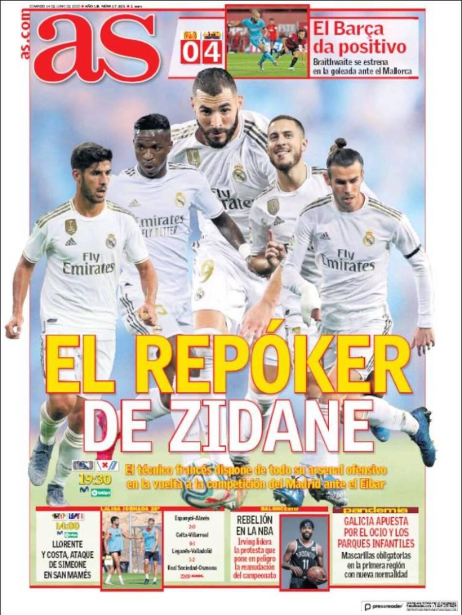 Tapa de diarios, AS, domingo 14 de junio de 2020
