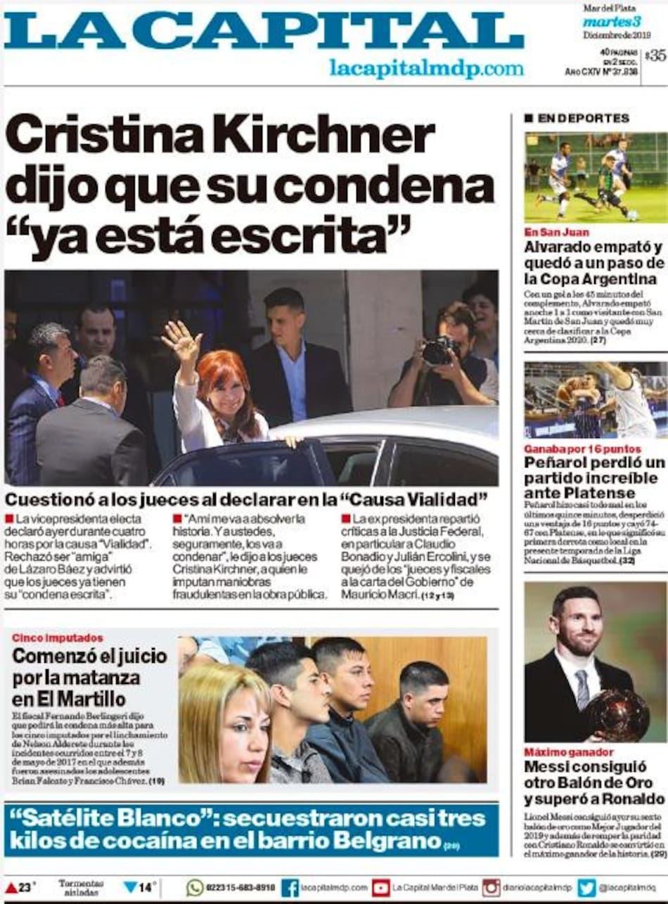 Tapas de diarios, La Capital de Mar del Plata, martes 3 de diciembre de 2019