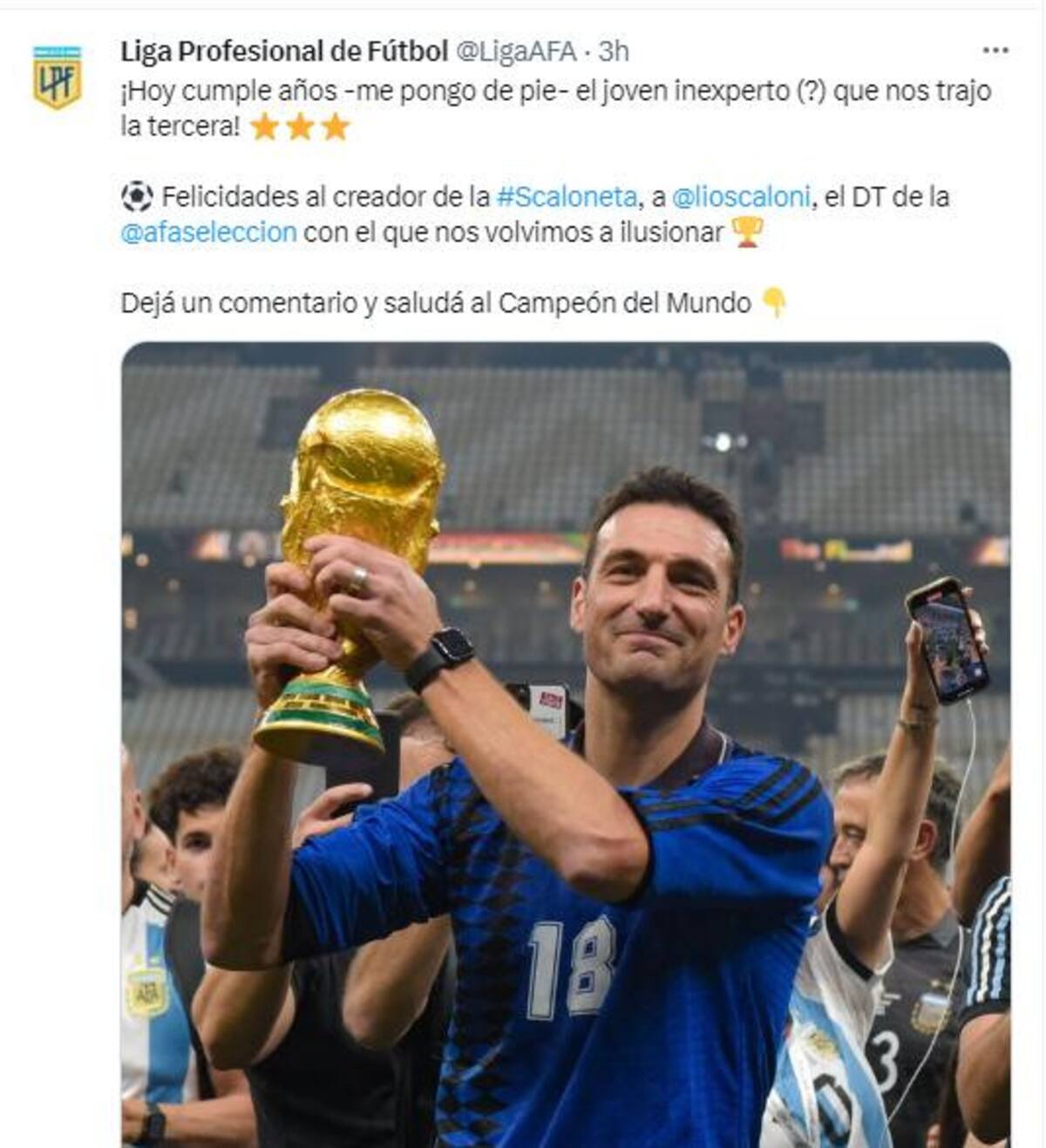 Saludos a Scaloni en las redes sociales. Foto: Twitter.