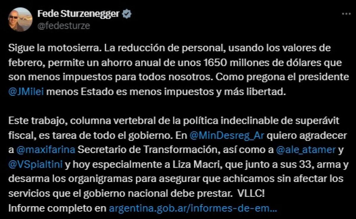 Federico Sturzenegger sobre la reducción de empleados estatales. Foto: Captura X.