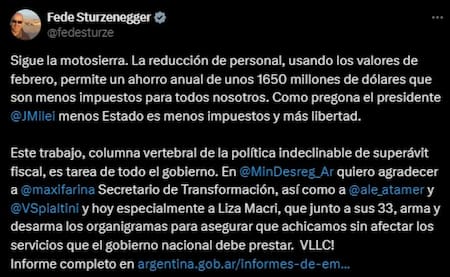 Federico Sturzenegger sobre la reducción de empleados estatales. Foto: Captura X.