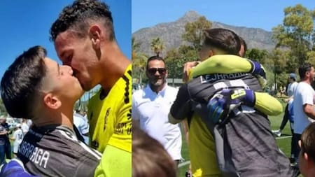 "El beso del ascenso". Foto: captura.