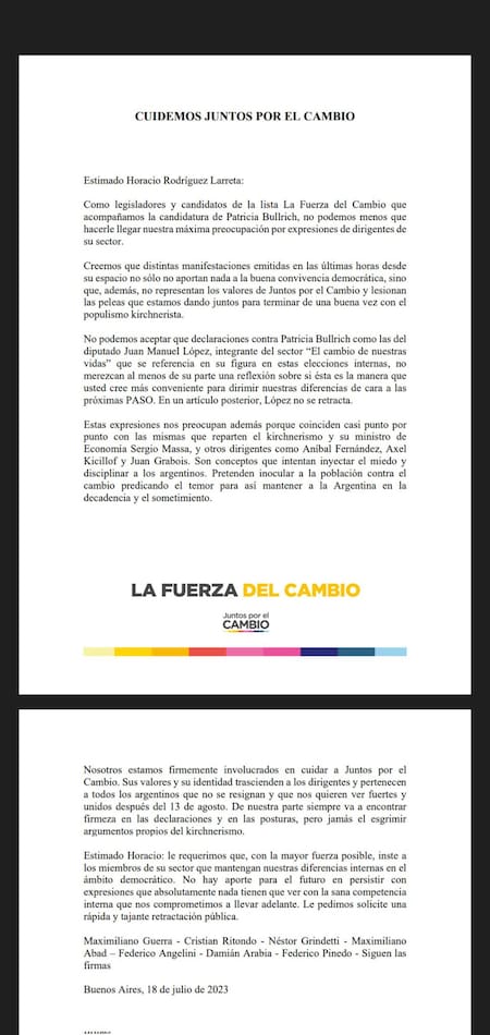 El comunicado de candidatos cercanos a Patricia Bullrich dirigido a Horacio Rodríguez Larreta. Foto: Twitter.