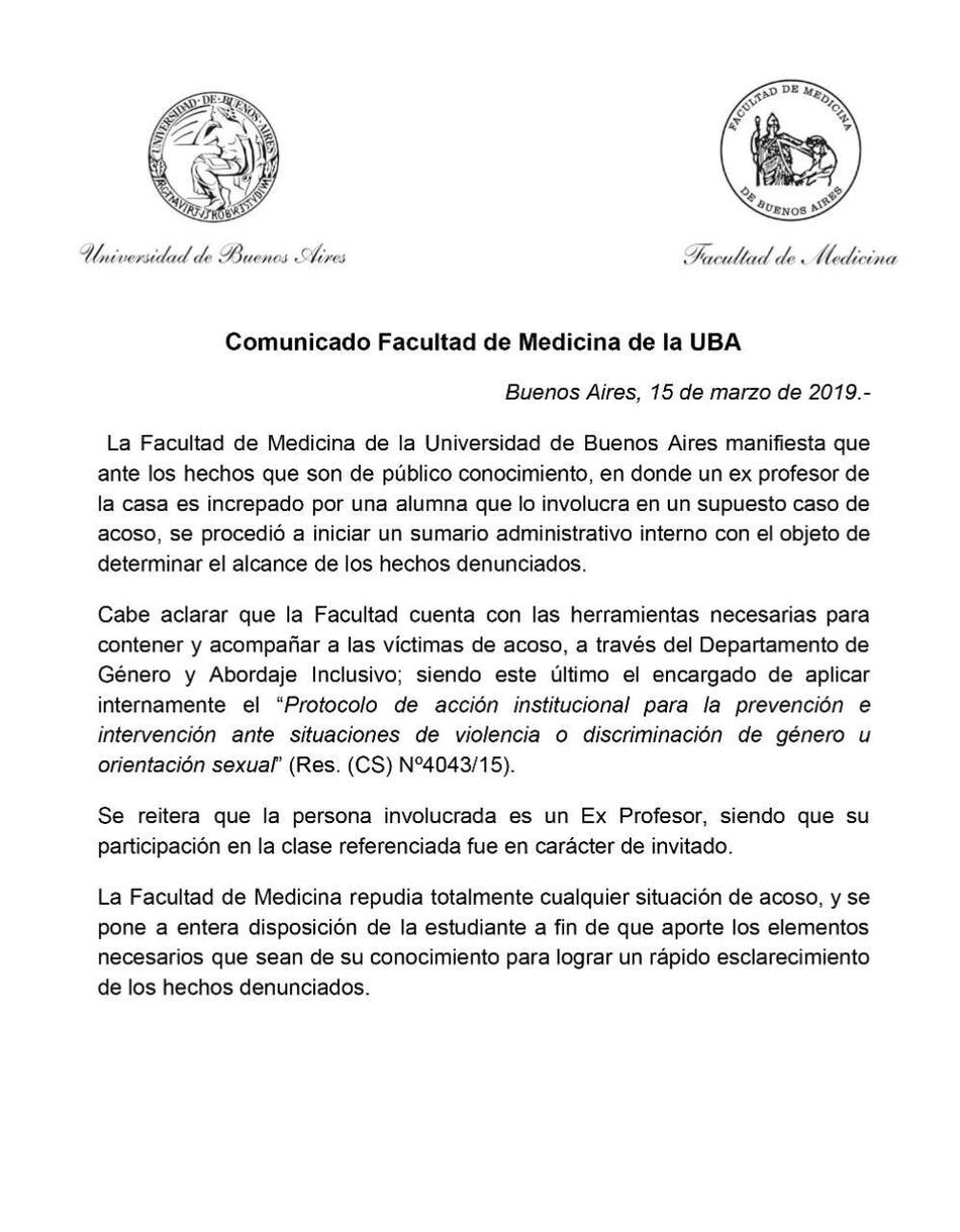 La UBA abre sumario administrativo a docente tras denuncia de acoso sexual, comunicado