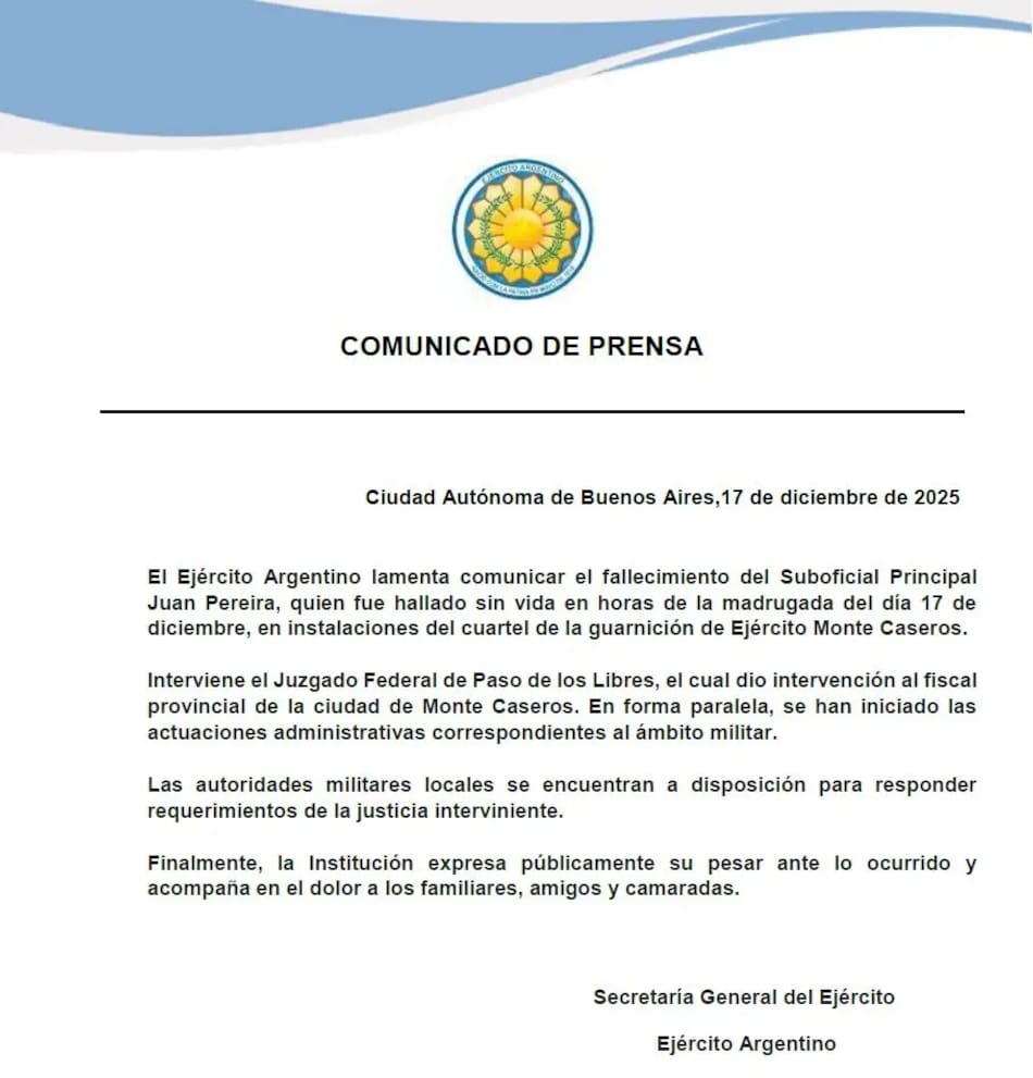 Encontraron muerto a un soldado del Ejército Argentino en Corrientes