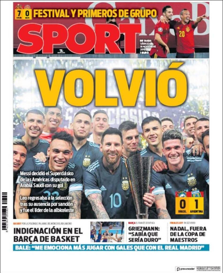 Tapas de diarios, Sport, sábado 16 de noviembre de 2019