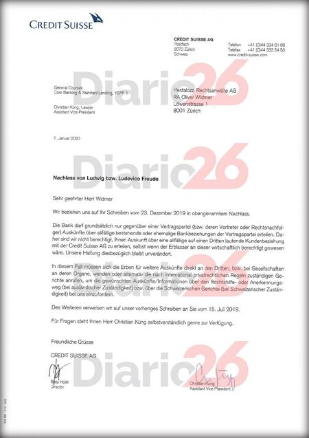 Ruta del dinero nazi, Credit Suisse, Schweitzerische Kreditanstalt, lavado de dinero entre Argentina y Suiza, carta del Credit Suisse, Diario 26, Marcelo García