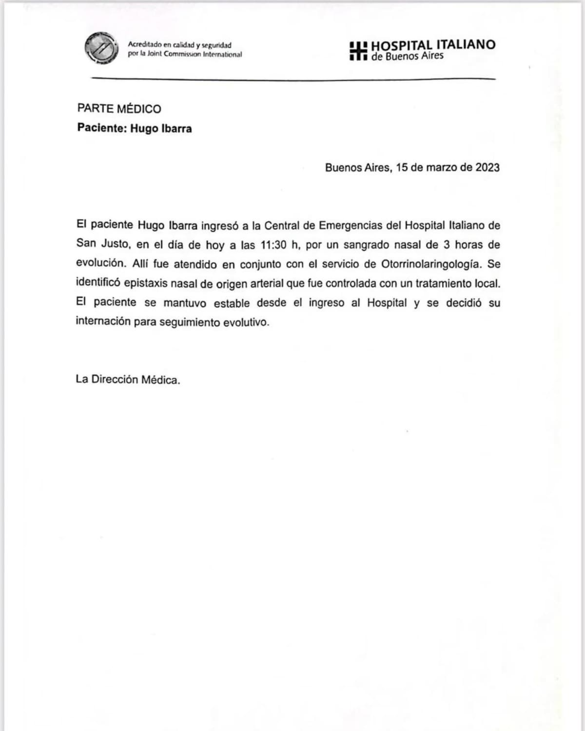 El parte médico sobre la salud de Ibarra. Foto: Twitter @BocaJrsOficial