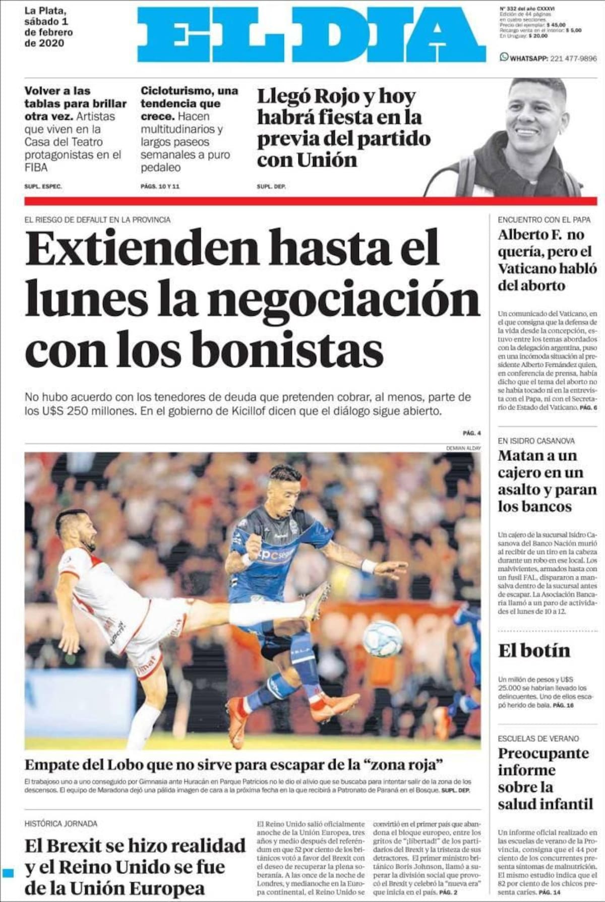 Tapas de diarios, El Día, sábado 1 de febrero de 2020