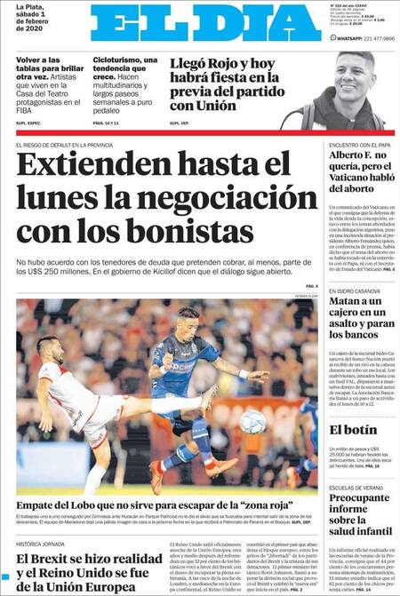 Tapas de diarios, El Día, sábado 1 de febrero de 2020