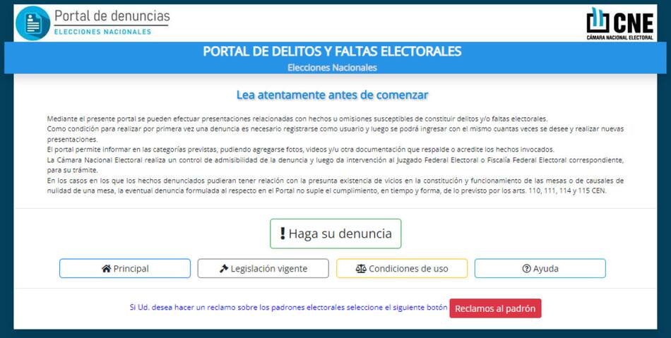 Portal oficial de denuncias electorales. Foto: Captura CNE