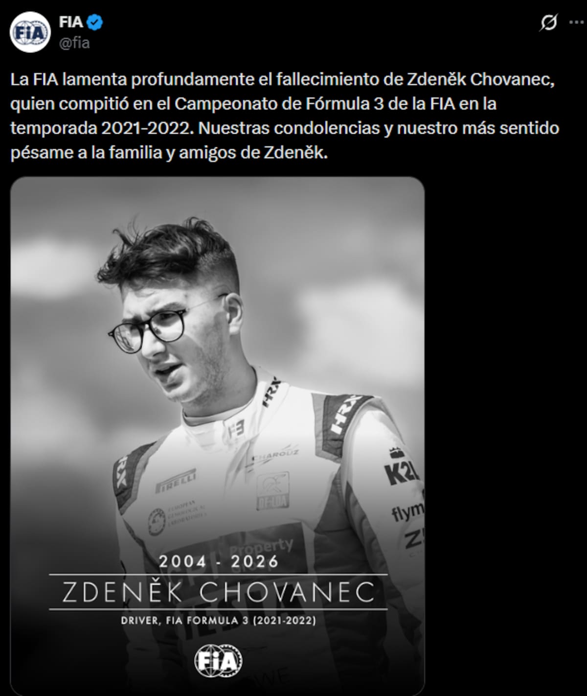 Murió Zdenek Chovanec, ex rival de Colapinto en la Fórmula 3.