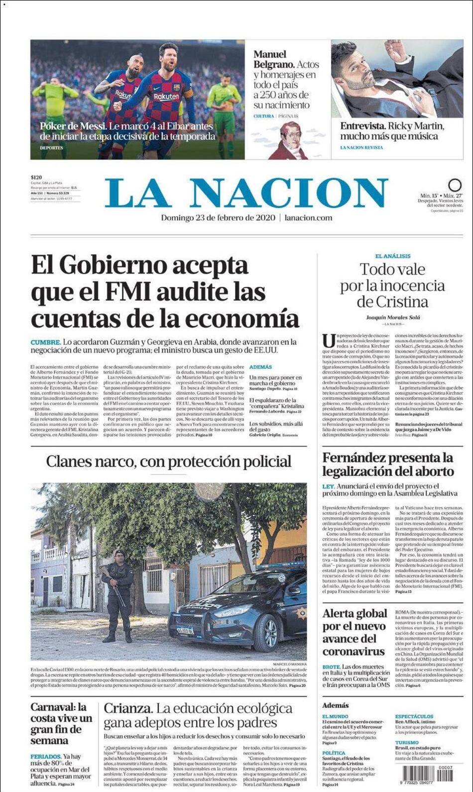 Tapas de diarios, La Nación, domingo 23 de febrero de 2020