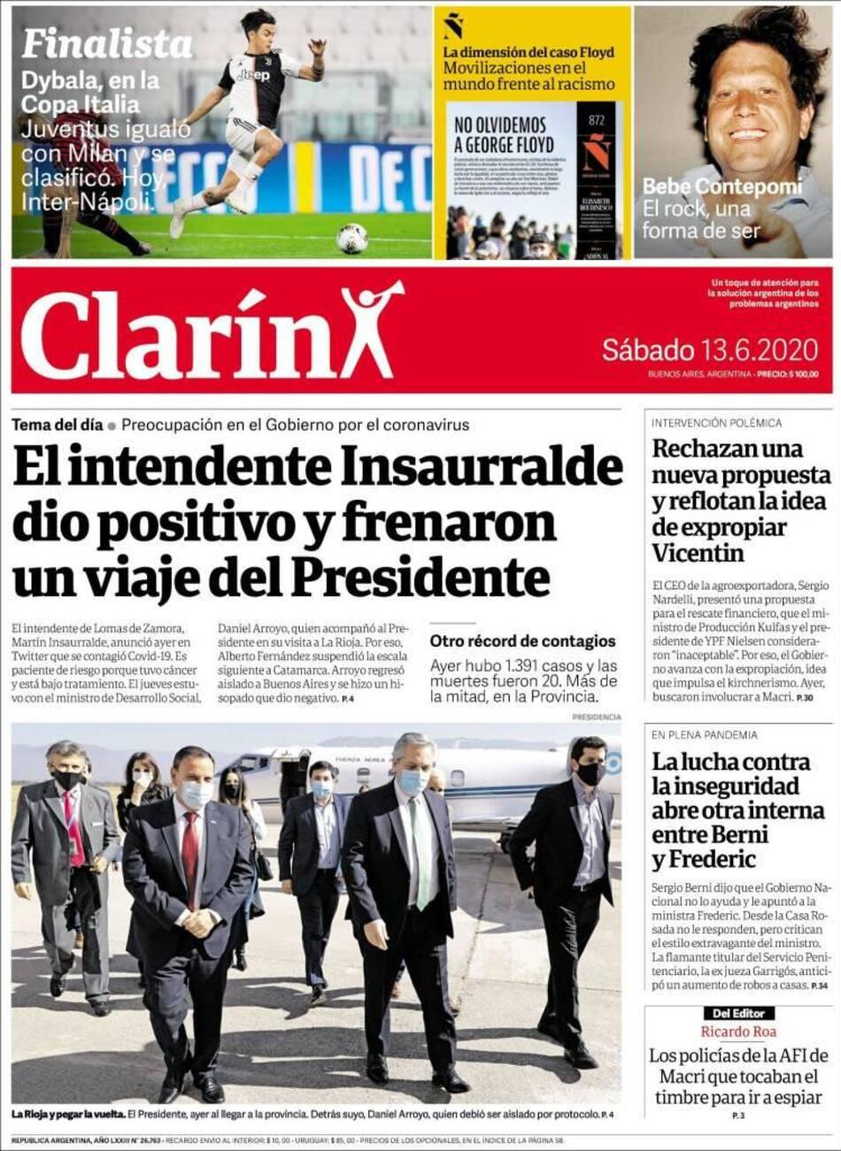 Tapas de diarios, Clarin, sábado 13 de junio de 2020