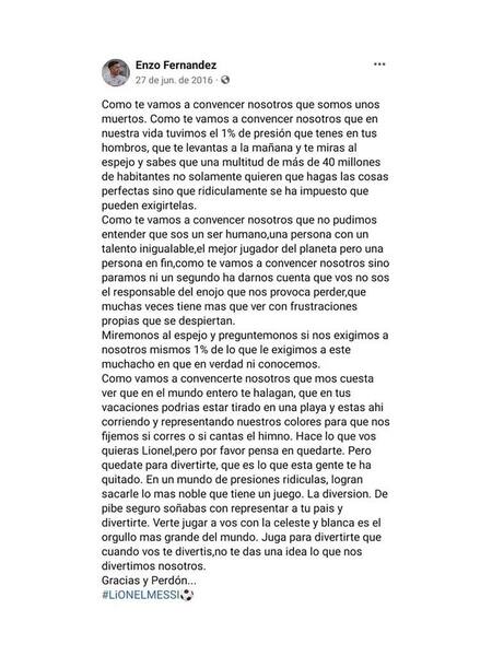 La carta de Enzo Fernández a Lionel Messi. Foto: Facebook Enzo Fernández.