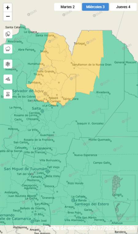 Alerta amarilla por tormentas en dos provincias de Argentina.