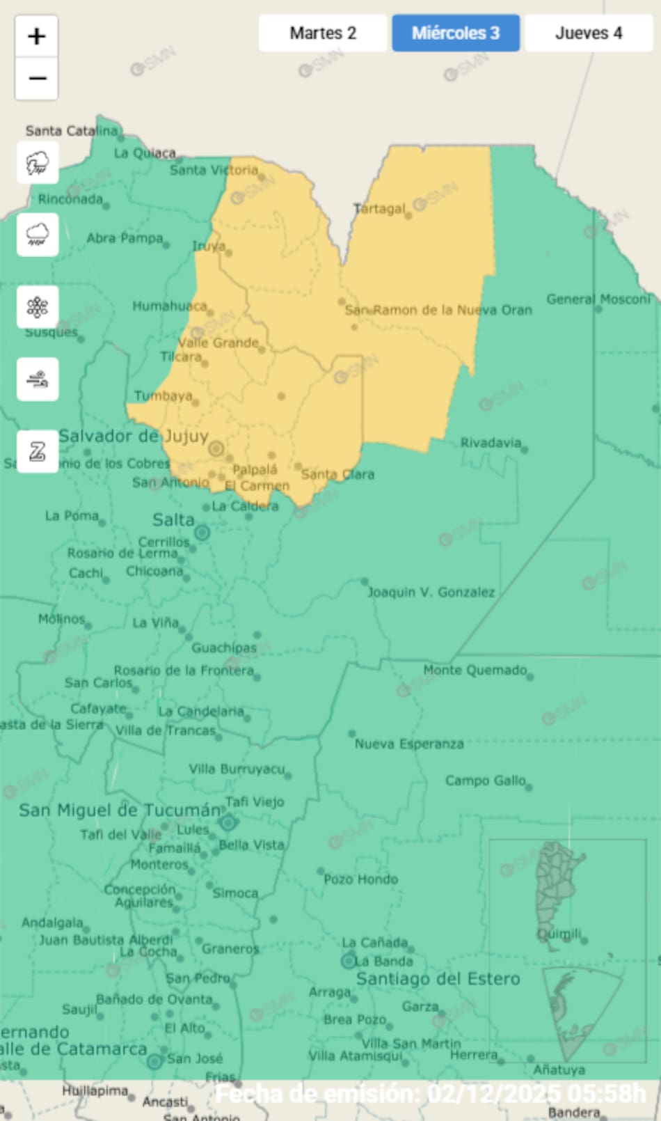 Alerta amarilla por tormentas en dos provincias de Argentina.