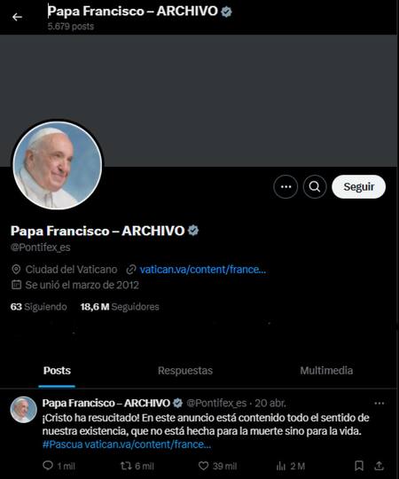 Así quedó el perfil de X que utilizaba el papa Francisco. Foto: Captura.