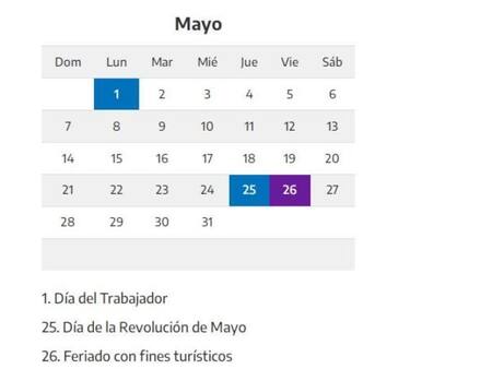 Calendario de feriados en mayo. Foto: Télam
