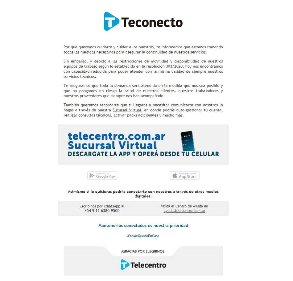 Teconecto, comunicado de Telecentro ante la situación de aislamiento, app, Sucursal Virtual