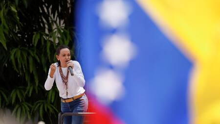 Corina Machado, marcha opositora en Venezuela. Foto: Reuters