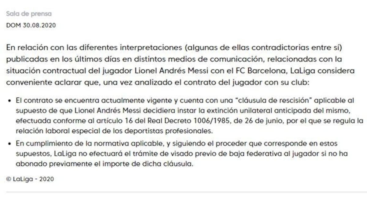 Comunicado de la Liga española a favor del Barcelona en conflicto contractual con Lionel Messi