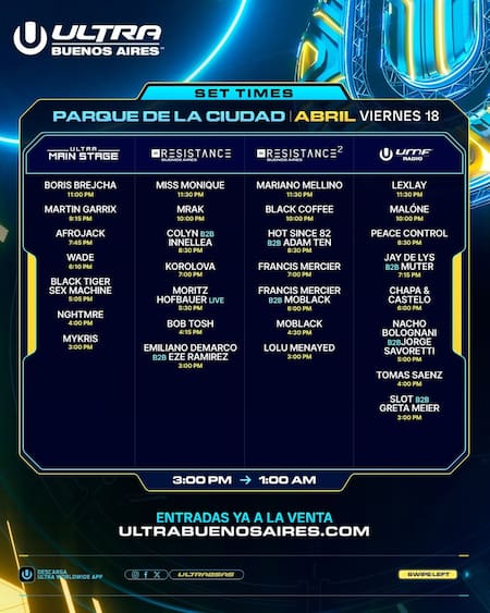 Set times del Ultra Music Festival. Foto Instagram @ultrabsas