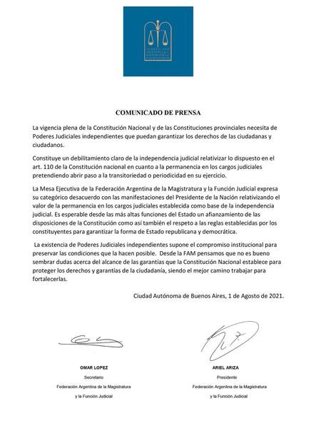 Carta de Federación Argentina de la Magistratura y la Función Judicial al presidente Alberto Fernández