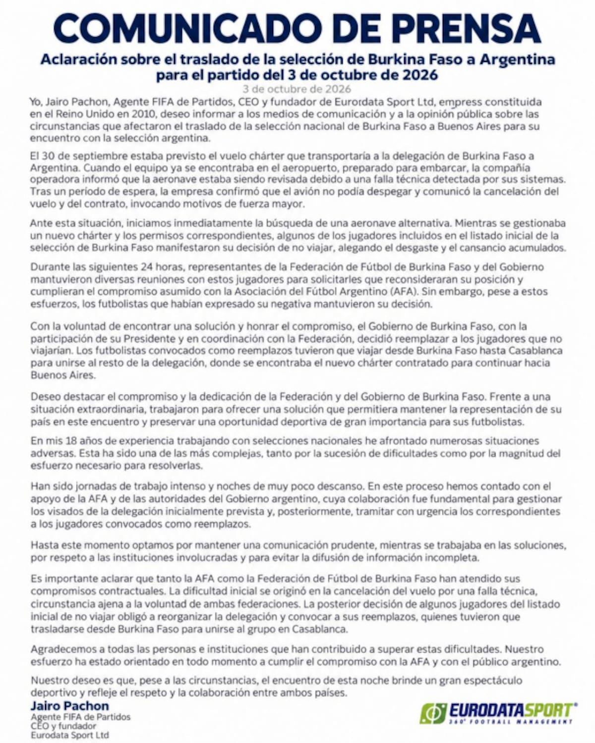 Comunicado del organizador del amistoso entre Argentina y Burkina Faso.
