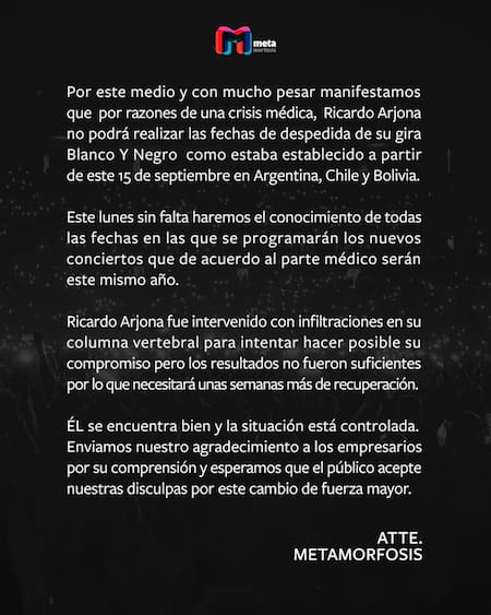 Comunicado de Ricardo Arjona sobre su cancelación de shows en Argentina.