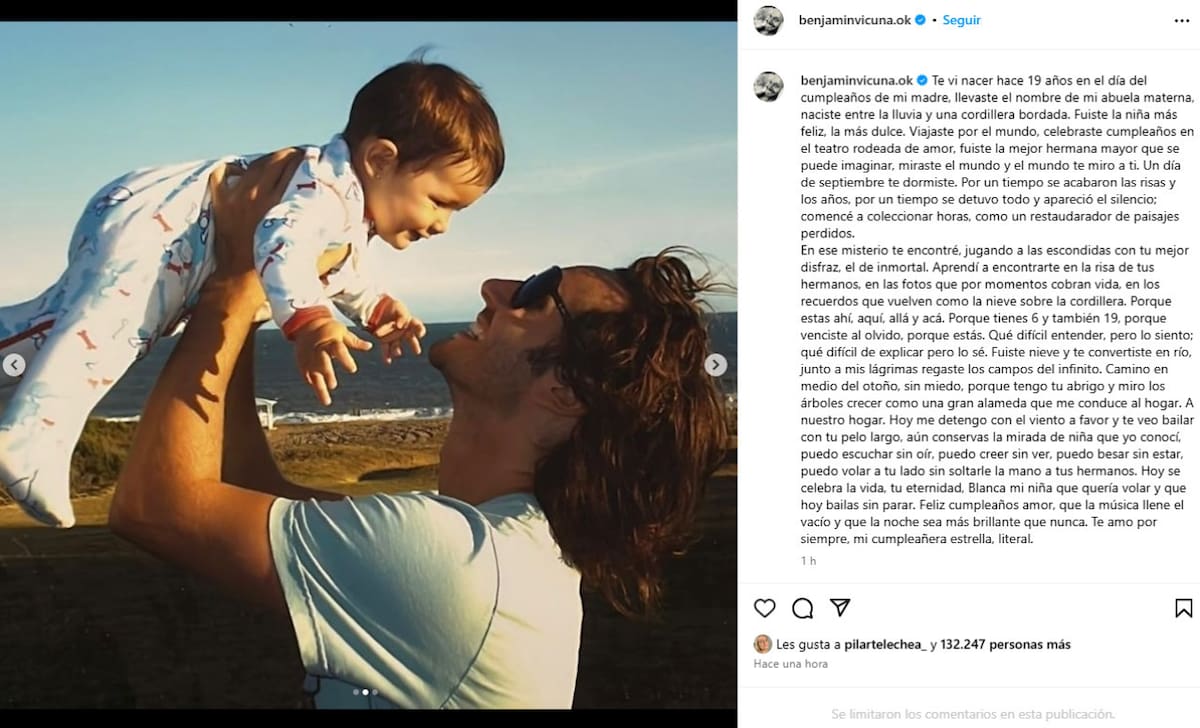 Benjamín Vicuña recordó la muerte de su hija Blanca. Foto: Instagram.