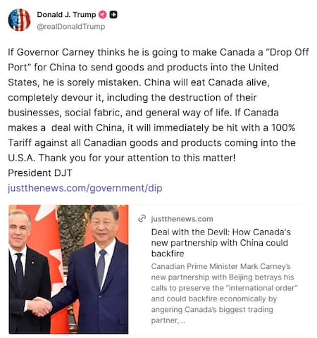 Amenaza de Trump a Canada si firma acuerdo con China.