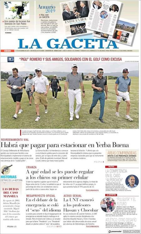 Tapas de diarios, La Gaceta, sábado 21 de diciembre de 2019