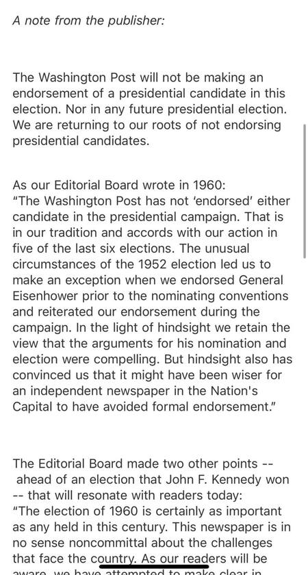 Nota editorial del Washington Post sobre su no apoyo a un candidato en las elecciones de EEUU.