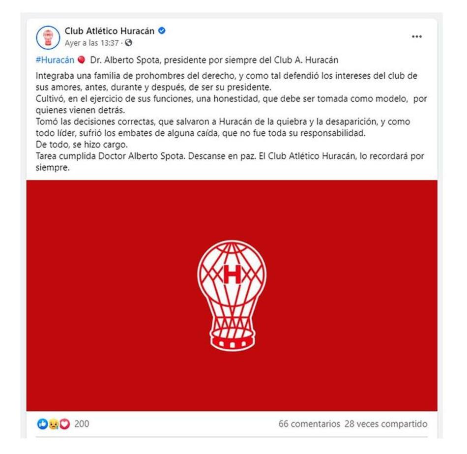 Aviso del club Huracán sobre muerte de su ex presidente
