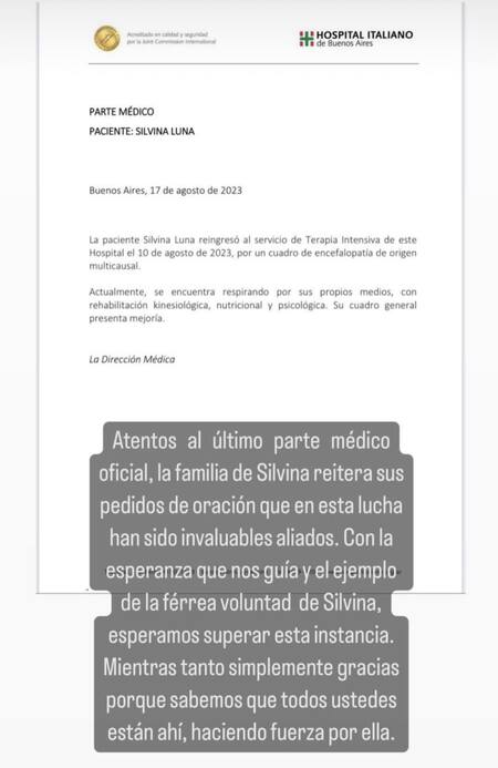 Parte médico de Silvina Luna 17-08-23