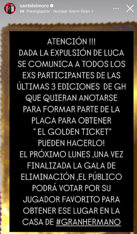 La nueva información sobre el Golden Ticket. Foto: Instagram.
